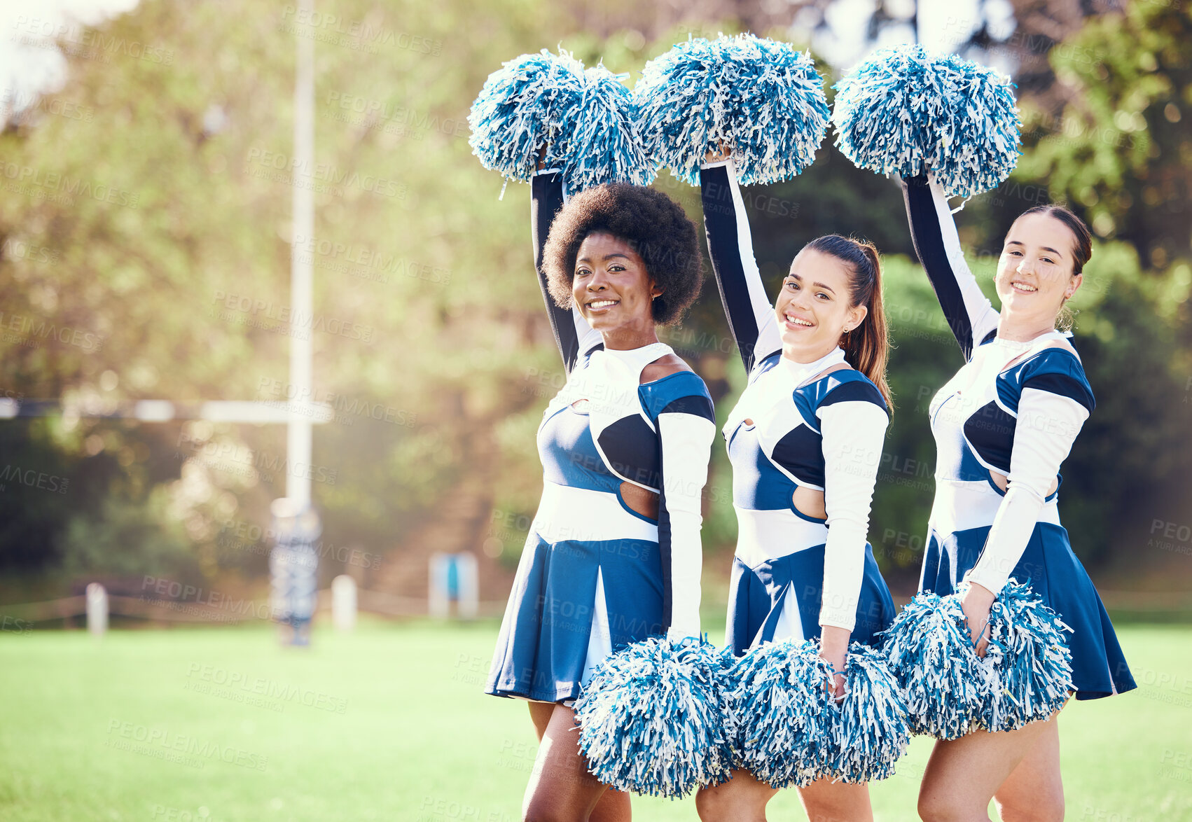 Buy stock photo Portrait, cheerleading and mockup with sports women on a field for motivation during a competitive game. Teamwork, support and diversity with a woman cheerleader group on a pitch for a sport event