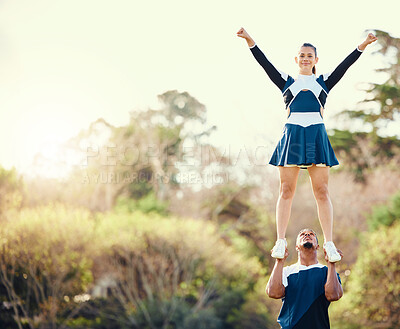Buy stock photo Cheerleading student, lift pose and mockup outdoor for cheer camp with exercise and fitness. Students, air posing and strong male athlete doing training and workout with cardio and mock up in nature