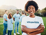 Black woman in portrait, volunteer and smile with eco friendly help, environment and sustainability, green and waste management. Cleaning, charity and team leader with happiness and community service