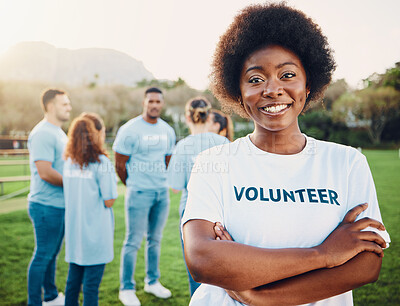 Buy stock photo Black woman in portrait, volunteer and smile with eco friendly help, environment and sustainability, green and waste management. Cleaning, charity and team leader with happiness and community service
