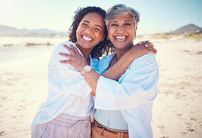 Buy stock photo Portrait, family and mother with adult daughter hug, happy and bond at beach together, smile and relax. Love, parent and girl embrace, travel and excited for ocean trip, holiday and freedom in Miami