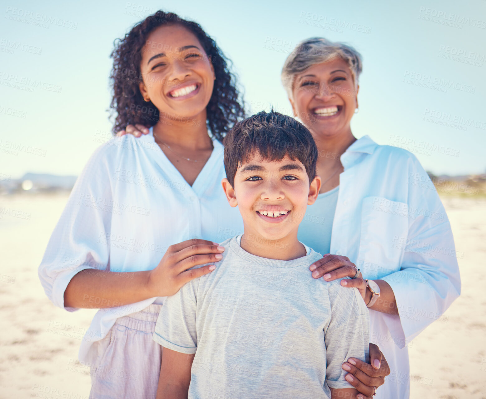 Buy stock photo Portrait of mom, grandma and child at beach, smile and happy family bonding together on ocean vacation. Sun, fun and happiness for mother, senior woman and kid in Cancun on summer holiday in Mexico.