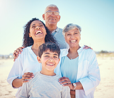 Buy stock photo Nature, family and portrait of grandparents with kids, smile and happy bonding together on ocean vacation. Sun, fun and happiness for senior man and hispanic woman with children on holiday in Mexico.
