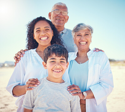 Buy stock photo Beach, family and portrait of grandparents with kids, smile and happy bonding together on ocean vacation. Sun, fun and happiness for senior man and hispanic woman with children on holiday in Mexico.