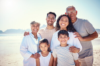 Buy stock photo Portrait, love and family on beach, summer vacation and happiness on break, relax and quality time. Face, grandparents and mother with father, children and seaside holiday for adventure and journey