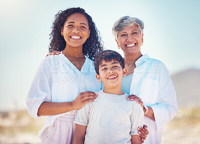 Buy stock photo Portrait of mom, grandma and child with smile and happy family bonding together on outdoor vacation. Sun, fun and happiness for mother, old woman and boy on summer holiday travel to relax in Mexico.