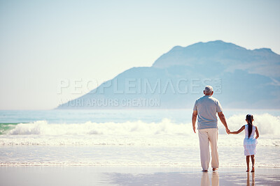 Buy stock photo Holding hands, relax and grandfather with child at beach for holiday, bonding and vacation mockup. Affectionate, travel and happiness with old man and girl walking for summer break, fun and support