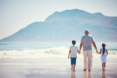 Buy stock photo Holding hands, relax and grandfather with children at beach for holiday, bonding and vacation mockup. Affectionate, travel and happiness with old man and kids walking for summer break, fun or support