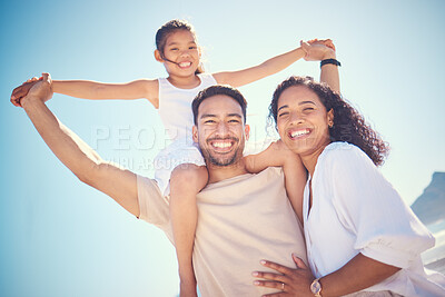 Buy stock photo Portrait, beach and happy family smile, piggyback and bond outdoor against blue sky background. Travel, face and girl with parents on an ocean vacation, holiday or trip in Miami, excited and cheerful