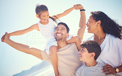 Buy stock photo Happy family, love and beach piggyback with kids and parents bonding on blue sky background. Travel, smile and children with mom and dad on ocean vacation, holiday or trip, excited and joy in Miami