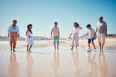 Buy stock photo Family soccer, beach holiday and kids running by the sea with happiness and freedom. Football, young girl and parents walking by ocean in summer on vacation with children on the sand with a smile