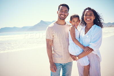 Buy stock photo Beach, family and portrait of parents with kid, smile and happy bonding together on ocean vacation. Sun, fun and happiness for hispanic man, woman and girl child on summer holiday adventure in Mexico
