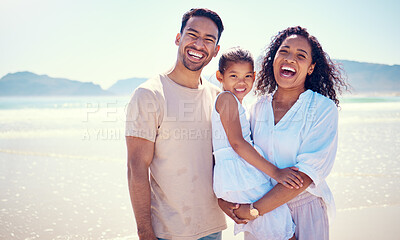Buy stock photo Beach, happy family and portrait of parents with kid, smile and bonding together on ocean vacation. Sun, fun and happiness for hispanic man, woman and girl child on summer holiday adventure in Mexico