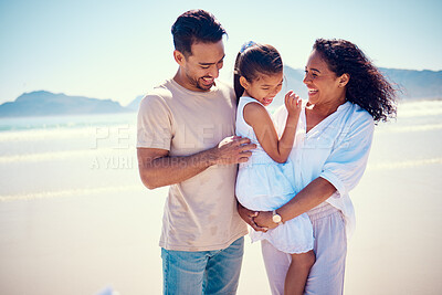 Buy stock photo Happy family, beach smile and playing of a mother, father and girl together by the ocean. Nature, sea and love of a mom, dad and child in Philippines on vacation with parents tickle on travel holiday