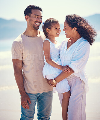 Buy stock photo Happy family, beach and hug of a mother, father and girl together by the ocean. Nature, sea and love of a mom, dad and child from the Philippines on a vacation with parents on travel holiday