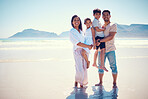 Beach, family and portrait of parents with kids, smile and bonding together on ocean vacation mockup. Sun, fun and happiness for hispanic man, woman and children on summer holiday adventure in Mexico