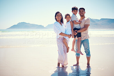 Buy stock photo Beach, family and portrait of parents with kids, smile and bonding together on ocean vacation mockup. Sun, fun and happiness for hispanic man, woman and children on summer holiday adventure in Mexico