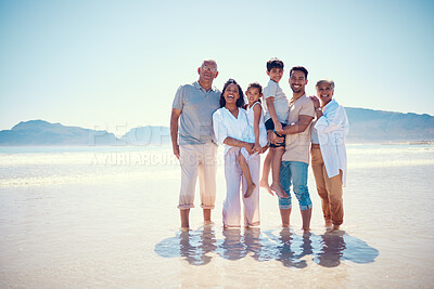 Buy stock photo Beach, big family and portrait of grandparents, kids and parents, smile and bonding on ocean vacation mockup. Sun, fun and happiness for hispanic men, women and children on summer holiday in Mexico.
