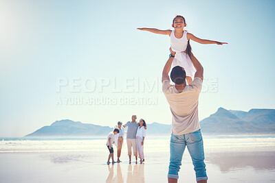 Buy stock photo Beach, family and girl with father, airplane and playing, happy and carefree against blue sky background. Freedom, flying and child with parent, grandparents and sibling on ocean travel or holiday