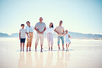 Portrait of big family on beach walking together, grandparents and parents with kids smile together on vacation. Sun, fun and ocean happiness for hispanic men, women and children on summer holiday.