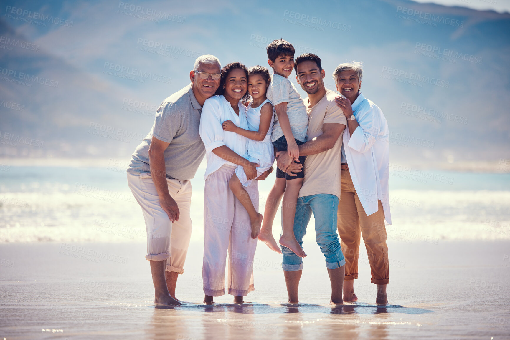 Buy stock photo Beach, portrait of grandparents and parents with kids, smile and bonding together on ocean vacation. Sun, fun and happiness for hispanic men, women and children on summer holiday adventure in Mexico.