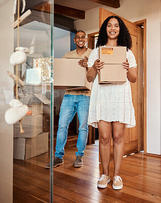 Buy stock photo Happiness, moving boxes and black couple portrait in a new home, property and real estate. Happy, smile and cardboard shipping box of young people in a living room with packing and relocation