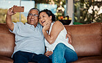 Love, selfie and happy senior couple bonding, relax and enjoy quality time together on home living room sofa. Happiness, lounge memory picture and elderly marriage husband, wife or people in Mexico