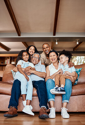 Buy stock photo Love, portrait and happy big family relax, bonding and enjoy quality time together on house living room sofa. Happiness, home reunion and senior grandparents, parents and children smile in Costa Rica