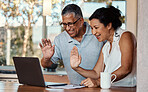 Laptop, wave and senior couple on video call in home, laughing and talking to contact. Technology, computer and happy, elderly and retired man and woman waving in virtual or online chat for greeting.