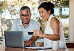 Laptop, credit card and senior couple online shopping, banking or digital payment in home. Fintech, ecommerce and smile, laughing and happy retired man and woman with computer for internet purchase.