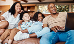 Laptop, happy family and kids with online video, movies or cartoon on couch on live streaming service, learning or bonding. Biracial mom, father and children watch film or show on computer and couch 