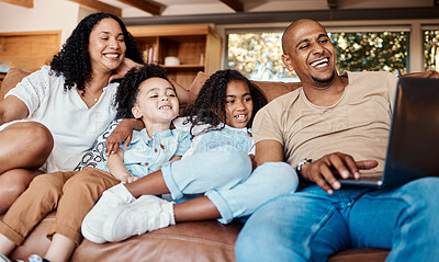 Buy stock photo Laptop, happy family and kids with online video, movies or cartoon on couch on live streaming service, learning or bonding. Biracial mom, father and children watch film or show on computer and sofa 