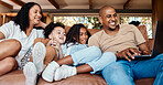 Laptop, happy family and children for online video, movies or cartoon on couch and streaming service, learning or relax. Biracial mother, father and kids watch film or show on computer and home sofa