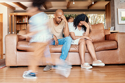 Buy stock photo Kids running, stress and parents on sofa tired and chaos in living room with frustrated mom and dad with parenting burnout. Excited children, energy and playing in home with woman and man in crisis.