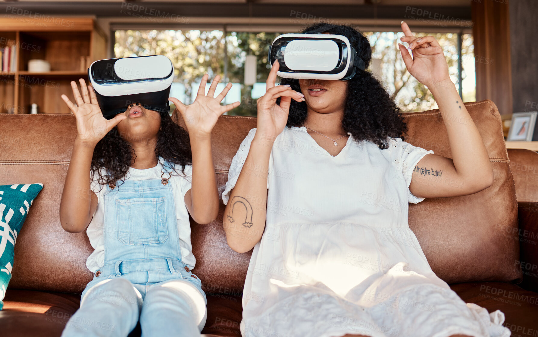 Buy stock photo VR glasses, mother and child on couch in metaverse, futuristic gaming or high tech, 3d experience at home. Virtual reality, digital interaction and mom, kid or family with video games for holiday fun