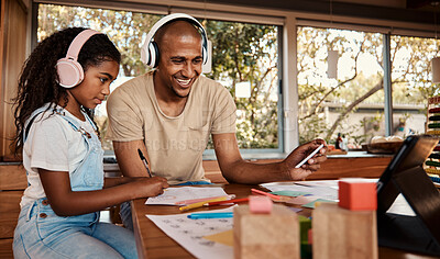 Buy stock photo Headphones, black family and kid with online audio streaming, language learning and translation service for support. Happy father with girl child listening on tablet app for webinar or video call