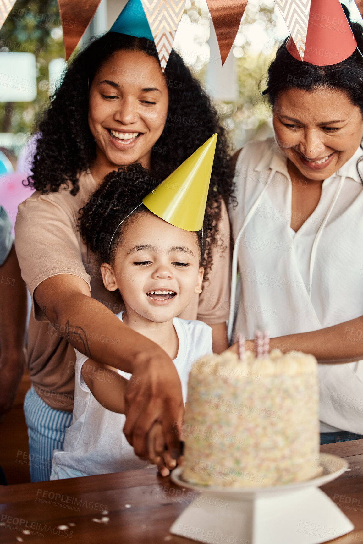 Buy stock photo Birthday, party and cake for girl with mother and grandmother together for celebrating, bond and fun. Candle, event and child with parents and grandparent at table, happy and excited for celebration