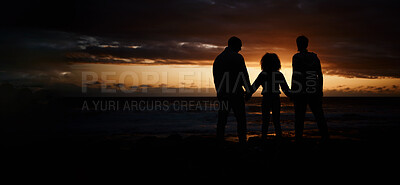 Buy stock photo Beach, sunset and silhouette of a family holding hands in the dark while on summer vacation or trip. Adventure, love and shadow of people in nature by ocean together while on seaside travel holiday.