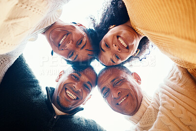 Buy stock photo Smile, huddle and portrait of a family with support, motivation and together in nature. Happy, love and group of parents with man and woman for love, solidarity and trust in a connection with embrace