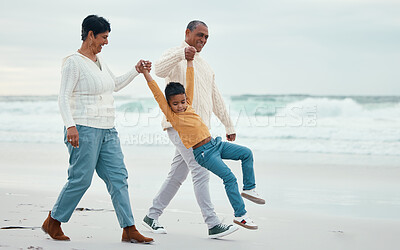 Buy stock photo Family, beach and grandparents play with child enjoying holiday, vacation and weekend together. Retirement, travel and happy grandfather, grandma and boy for bonding, quality time and love by sea