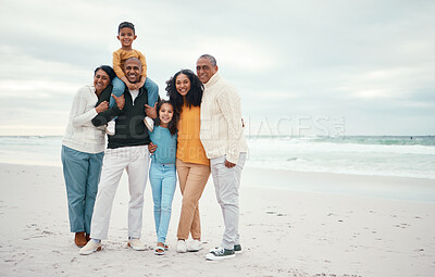 Buy stock photo Portrait, mockup and family on beach, holiday and relax together for quality time, smile and break. Love, grandparents, children and mother with father, vacation and happiness for seaside journey