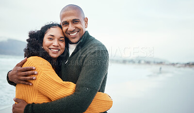 Buy stock photo Love, beach and portrait of couple hugging, smile on face and romance in happy relationship. Romantic vacation, black woman and man embrace on tropical ocean holiday travel and mockup space in nature