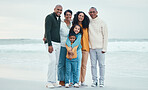 Portrait of grandparents, parents and children on beach enjoy holiday, travel vacation and weekend together. Happiness, nature and happy family smile for bonding, quality time and relaxing by sea