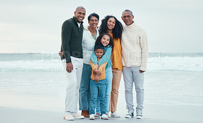 Buy stock photo Portrait of grandparents, parents and children on beach enjoy holiday, travel vacation and weekend together. Happiness, nature and happy family smile for bonding, quality time and relaxing by sea