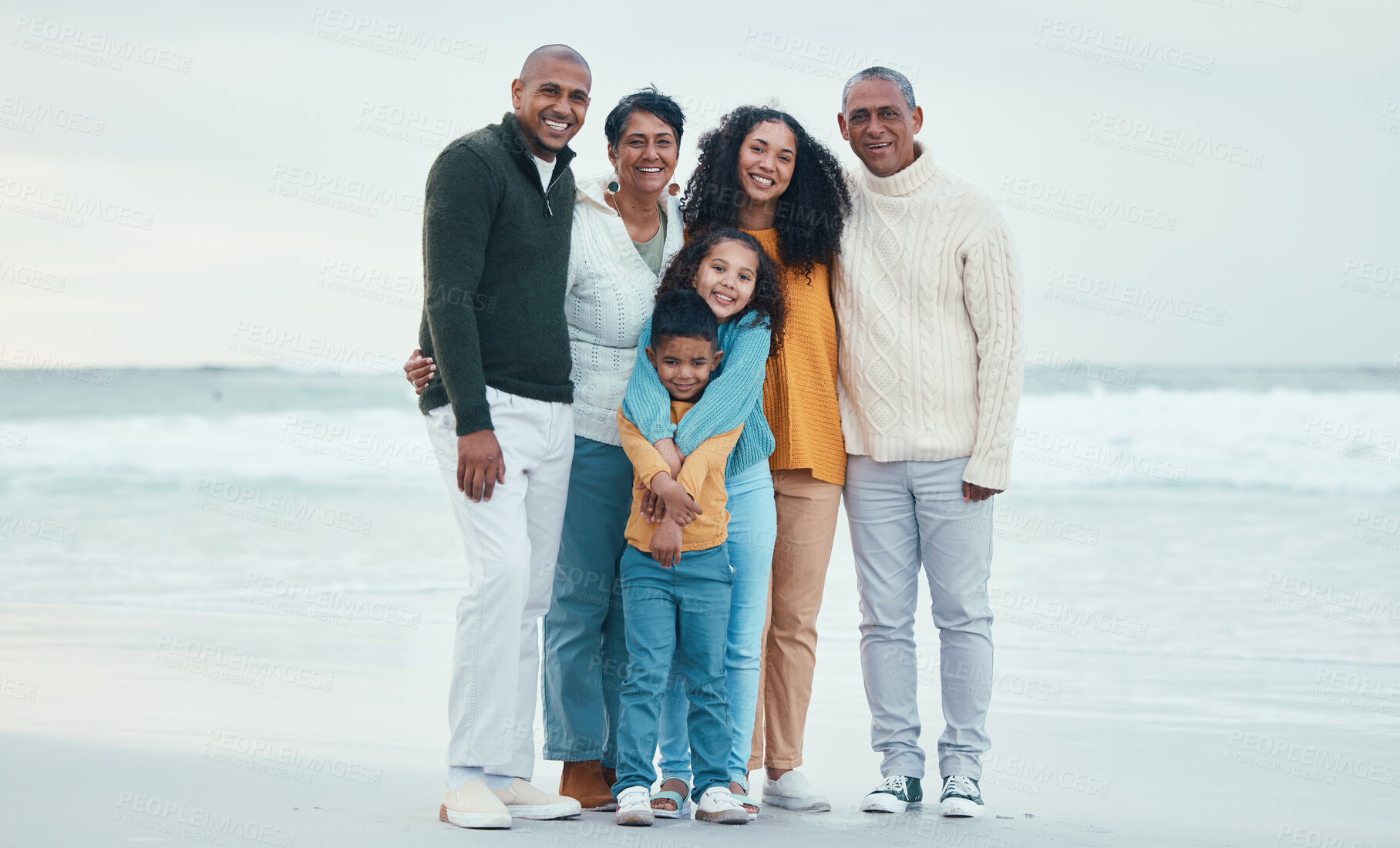 Buy stock photo Portrait of grandparents, parents and children on beach enjoy holiday, travel vacation and weekend together. Happiness, nature and happy family smile for bonding, quality time and relaxing by sea