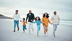 Grandparents, parents and children running on beach enjoy holiday, travel vacation and weekend together. Relax, smile and happy family portrait holding hands for bonding, quality time and fun by sea