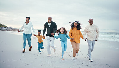 Buy stock photo Grandparents, parents and children running on beach enjoy holiday, travel vacation and weekend together. Relax, smile and happy family portrait holding hands for bonding, quality time and fun by sea