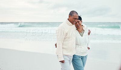Buy stock photo Senior couple, hug and beach walk together with funny moment, comic memory or conversation by sea. Happy retirement, ocean and outdoor embrace with love, bond or romance for laugh by waves on holiday