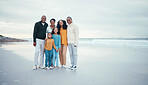 Portrait of grandparents, parents and children on beach enjoying holiday, travel vacation and weekend together. Big family, love and happy group smile for bonding, quality time and relax by ocean