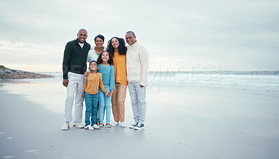 Buy stock photo Portrait of grandparents, parents and children on beach enjoying holiday, travel vacation and weekend together. Big family, love and happy group smile for bonding, quality time and relax by ocean